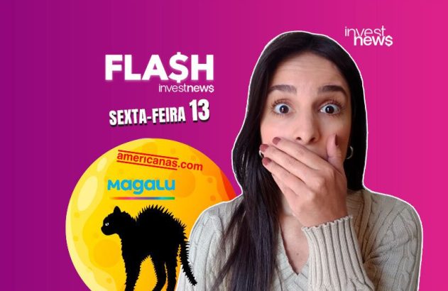 Mulher surpresa com mão na boca. Fundo roxo com texto "Sexta-Feira 13", logos Americanas e Magalu, e gato preto.