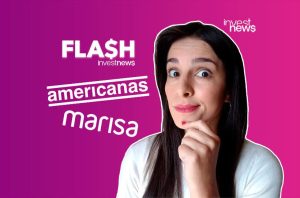 Mulher com expressão intrigada, e textos "FLASH investnews", "americanas", "marisa" ao fundo.