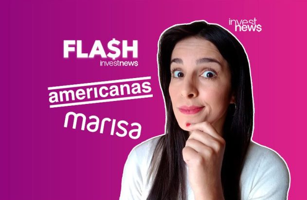 Mulher com expressão intrigada, e textos "FLASH investnews", "americanas", "marisa" ao fundo.