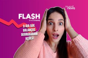 Mulher chocada, mãos na cabeça, junto a gráfico de queda e texto: 'O DIA QUE BALANÇOS DERRUBARAM AÇÕES!'.