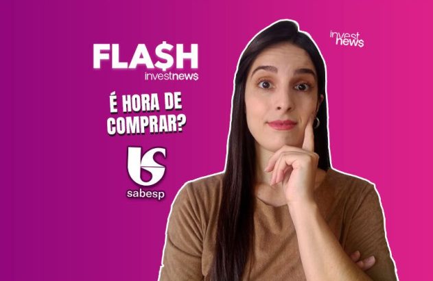 Mulher pensativa, com texto 'FLASH investnews É HORA DE COMPRAR?' e logo Sabesp. Fundo roxo-rosa vibrante.