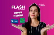 Mulher com mãos abertas pergunta 'COMPRAR OU VENDER?' diante de logos Unidas e Localiza. Título 'FLASH investnews'.