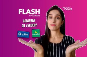 Mulher com mãos abertas pergunta 'COMPRAR OU VENDER?' diante de logos Unidas e Localiza. Título 'FLASH investnews'.