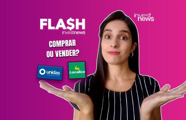 Mulher com mãos abertas pergunta 'COMPRAR OU VENDER?' diante de logos Unidas e Localiza. Título 'FLASH investnews'.