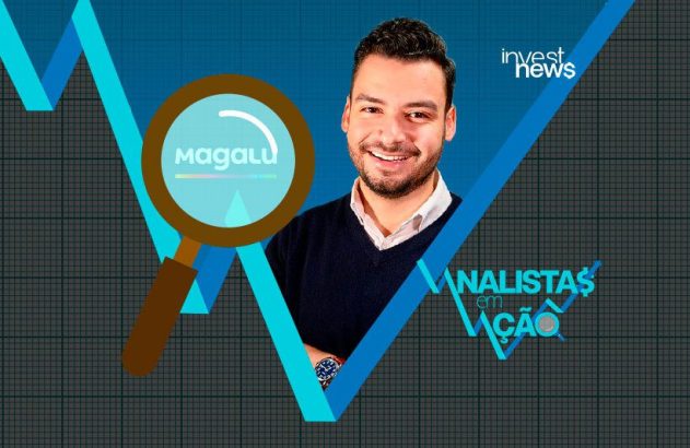 Homem sorridente analisa Magalu em gráfico financeiro. Textos: Invest News, Analistas em Ação.