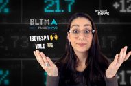 Apresentadora de finanças gesticula surpresa com dados de IBOVESPA e VALE em tela digital de mercado.