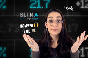 Apresentadora de finanças gesticula surpresa com dados de IBOVESPA e VALE em tela digital de mercado.