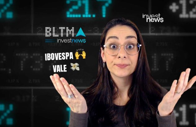 Apresentadora de finanças gesticula surpresa com dados de IBOVESPA e VALE em tela digital de mercado.