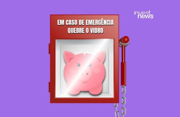 Ilustração de um cofre vermelho, no fundo roxo, e dentro do cofre tem um porquinho rosa e um aviso para quebrar o vidro em caso de emergência