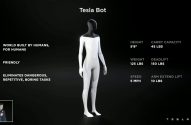 Tesla Bot: robô humanoide amigável para tarefas perigosas/repetitivas, com especificações de altura, peso e capacidade.