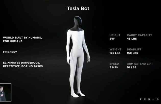Tesla Bot: robô humanoide amigável para tarefas perigosas/repetitivas, com especificações de altura, peso e capacidade.