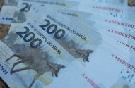 Pilha de notas de 200 Reais brasileiros, com lobo-guará em destaque.
