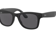 Óculos de sol inteligentes Ray-Ban pretos com câmeras frontais em fundo branco.
