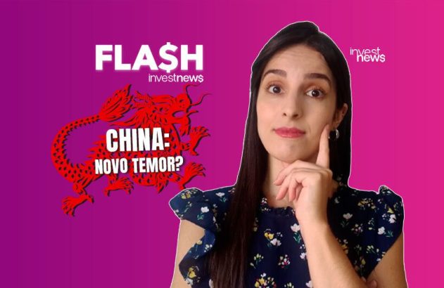 Mulher pensativa, dragão vermelho, texto "CHINA: NOVO TEMOR?" e logos InvestNews em fundo roxo.