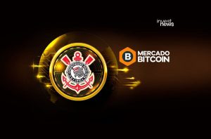 Logo do Corinthians como token cripto com circuito e logo Mercado Bitcoin. Parceria digital.