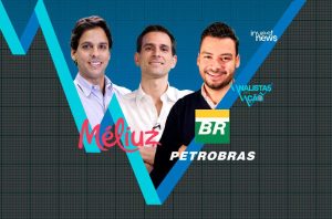 Três homens sorridentes em um gráfico financeiro em V, com logos Méliuz e Petrobras. Invest News, Analistas em Ação.