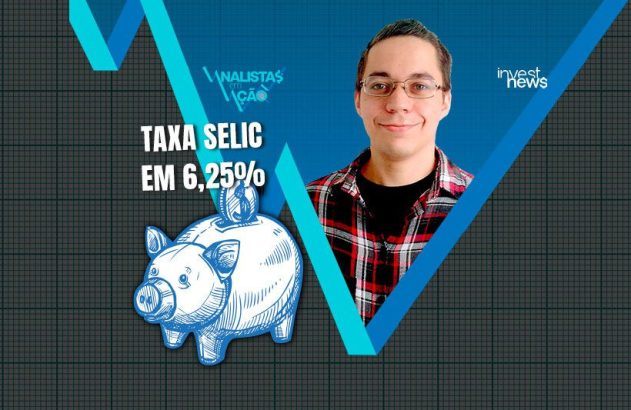 Homem em tela gráfica anuncia "Taxa Selic em 6,25%". Cofrinho azul e branco à esquerda.