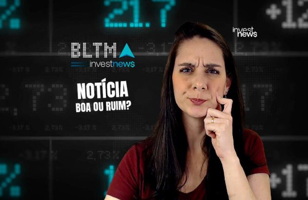 Mulher pensativa com "Notícia Boa ou Ruim?" e dados de mercado digital ao fundo. Logos Investnews e BLTMA.