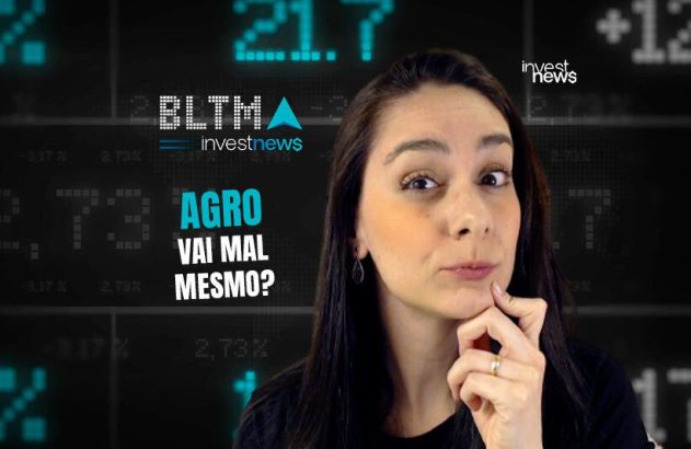 Mulher pensativa questiona "AGRO VAI MAL MESMO?" em frente a uma tela digital com dados financeiros e logos Investnews.