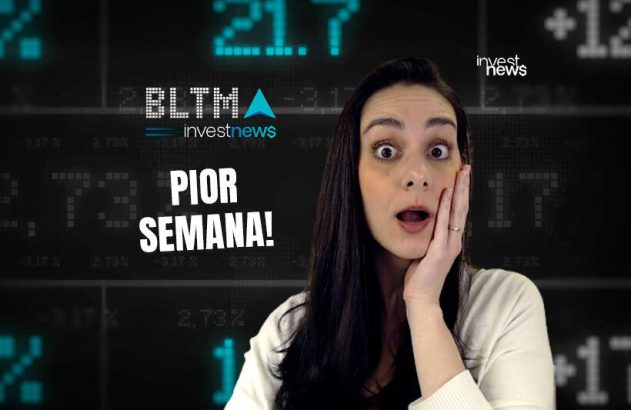 Mulher chocada com texto "PIOR SEMANA!" em fundo de monitor financeiro, com logos Investnews.