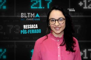 Mulher sorridente com óculos em frente a gráficos de mercado. Título: Ressaca Pós-Feriado.