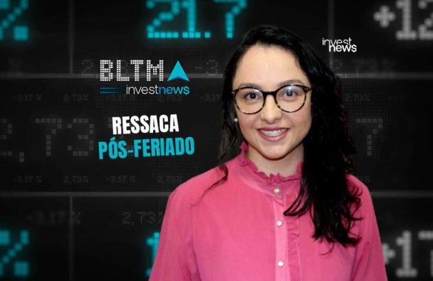 Mulher sorridente com óculos em frente a gráficos de mercado. Título: Ressaca Pós-Feriado.