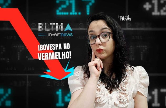 Mulher pensativa em tela de mercado acionário com "InvestNews", seta vermelha e "IBOVESPA NO VERMELHO!".