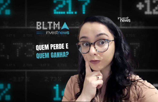 Mulher pensativa com óculos em capa de vídeo da investnews. Pergunta: 'Quem perde e quem ganha?' e fundo financeiro.