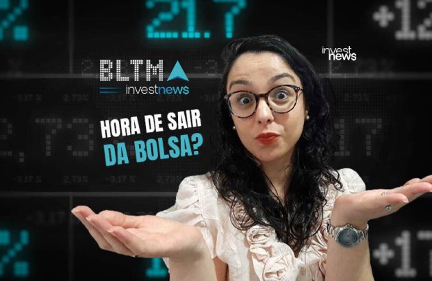 Mulher de óculos, boca aberta e mãos abertas, em frente a painel financeiro com "HORA DE SAIR DA BOLSA?".