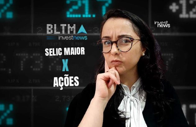 Mulher pensativa diante de tela financeira com 'SELIC MAIOR X AÇÕES'. Logos Investnews.