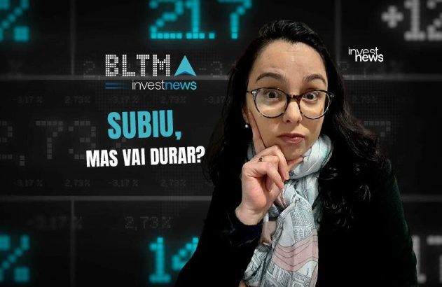 Mulher de óculos, pensativa, com mão no queixo, diante de dados financeiros e a frase "SUBIU, MAS VAI DURAR?". Logo Investnews.