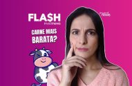 Mulher pensativa, texto 'CARNE MAIS BARATA?' e vaca animada em banner de Investnews.