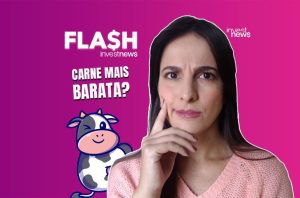 Mulher pensativa, texto 'CARNE MAIS BARATA?' e vaca animada em banner de Investnews.