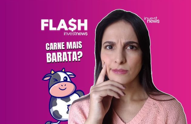 Mulher pensativa, texto 'CARNE MAIS BARATA?' e vaca animada em banner de Investnews.