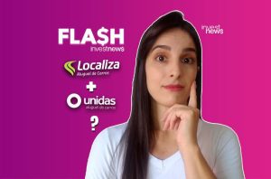 Mulher pensativa e logos Localiza + Unidas (aluguel de carros) com interrogação e título FLASH investnews.