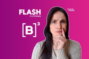 Mulher pensativa em fundo roxo-rosa com logos 'FLASH investnews' e '[B]³'.