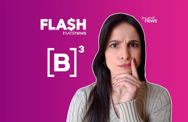 Mulher pensativa em fundo roxo-rosa com logos 'FLASH investnews' e '[B]³'.