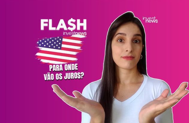 Mulher com mãos abertas em pose de pergunta, ao lado da bandeira dos EUA e texto: 'PARA ONDE VÃO OS JUROS?'.