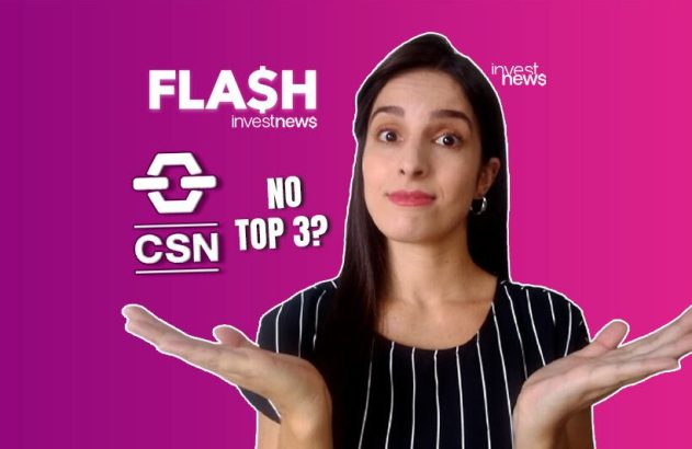 Mulher com expressão de dúvida e mãos abertas, ladeada por texto 'FLASH investnews' (com cifrão), 'CSN' e 'NO TOP 3?'.