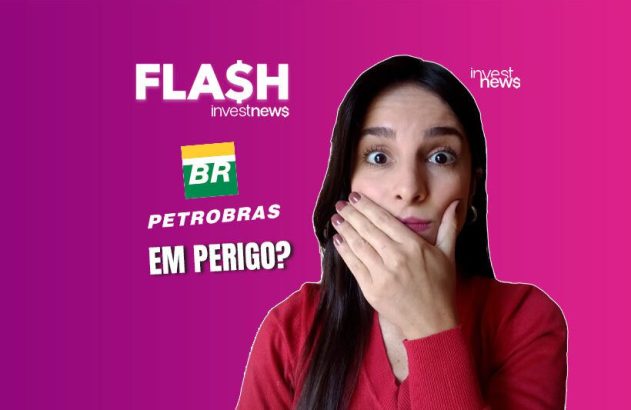 Mulher surpresa com mão na boca em banner 'FLASH$' sobre Petrobras: 'EM PERIGO?'.