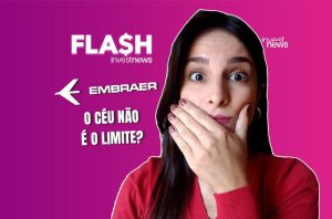 Mulher surpresa cobre a boca, em fundo roxo. Textos: FLASH, EMBRAER (com avião) e O CÉU NÃO É O LIMITE?