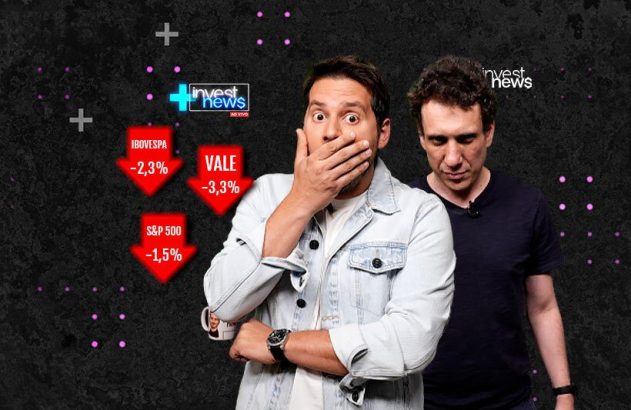 Homens chocados com quedas de índices financeiros (IBOVESPA, VALE, S&P 500). Logo Invest News.