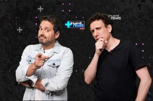 Dois homens em fundo escuro. Um aponta, o outro tem expressão pensativa. Logo "invest news".