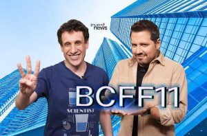 Dois homens sorrindo. Um levanta três dedos, o outro apresenta "BCFF11". Fundo de arranha-céus. Logo InvestNews.