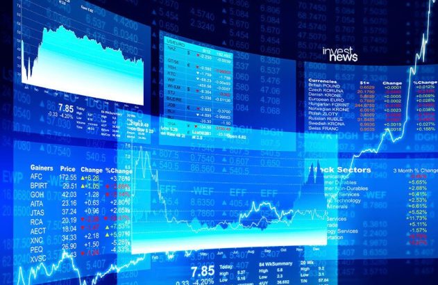 Tela azul com dados de mercado financeiro: gráficos de ações e cotações, além do texto 'invest news'.