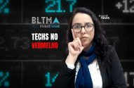 Mulher com óculos pensativa, com fundo de dados financeiros e texto "TECHS NO VERMELHO".