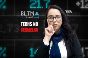 Mulher com óculos pensativa, com fundo de dados financeiros e texto "TECHS NO VERMELHO".