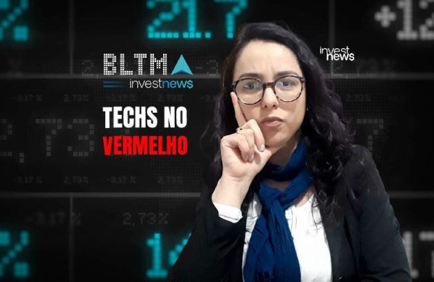 Mulher com óculos pensativa, com fundo de dados financeiros e texto "TECHS NO VERMELHO".