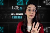 Mulher com óculos e expressão surpresa contra fundo financeiro com texto "QUEDA DA BOLSA: ENTENDA".