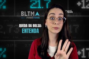 Mulher com óculos e expressão surpresa contra fundo financeiro com texto "QUEDA DA BOLSA: ENTENDA".